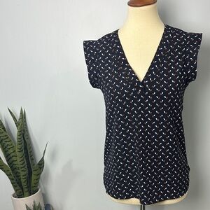 ❄️ Ann Taylor Navy Brown White Dash Sleeveless V Neck Top Size XS